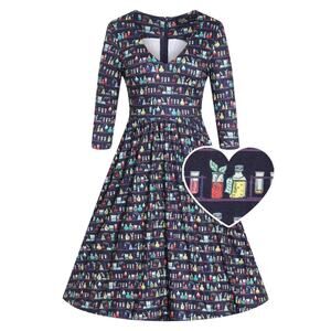 Dolly and Dotty Unique Vintage Billie Navy Blue Science Lab Midi Flared Dress 10